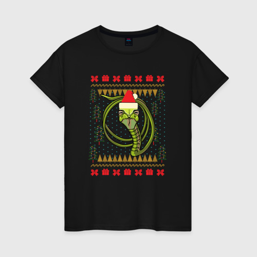 Женская футболка хлопок Рождественский свитер Скептическая змея, цвет черный