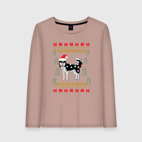 Женский лонгслив хлопок Рождественский свитер Хаски, цвет пыльно-розовый
