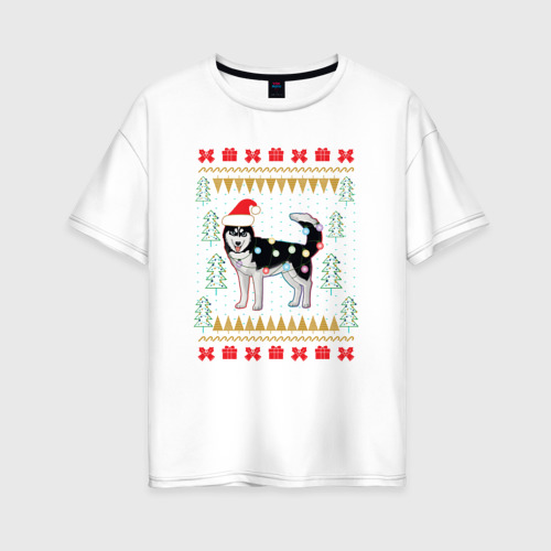 Женская футболка хлопок Oversize Рождественский свитер Хаски, цвет белый