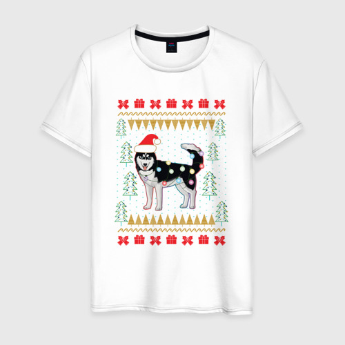 Мужская футболка из хлопка с принтом Рождественский свитер Хаски, вид спереди №1