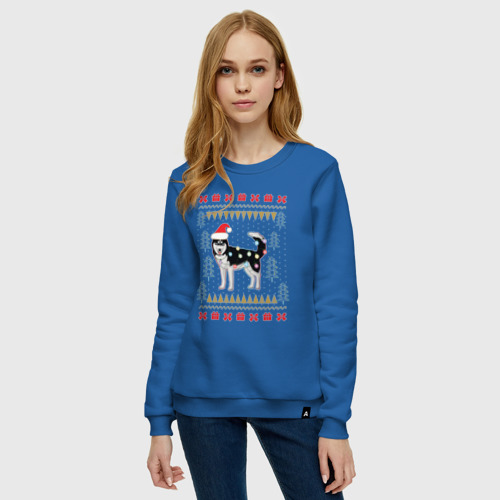 Женский свитшот хлопок Рождественский свитер Хаски, цвет синий - фото 3