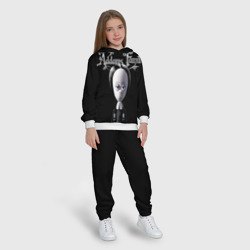 Костюм с принтом Addams Family Wednesday cartoon для ребенка, вид на модели спереди №3. Цвет основы: белый