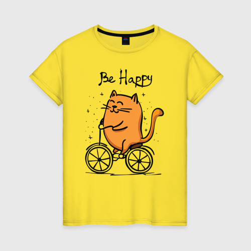 Женская футболка хлопок Кот велосипедист, цвет желтый