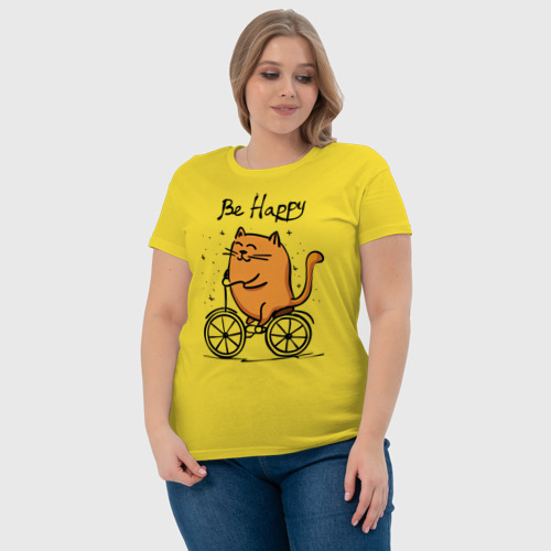 Женская футболка хлопок Кот велосипедист, цвет желтый - фото 6