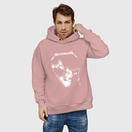 Мужское худи Oversize хлопок Meowtallica, цвет пыльно-розовый - фото 3