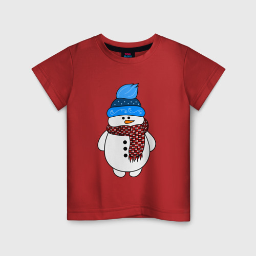 Детская футболка хлопок Снеговик в шапочке, цвет красный