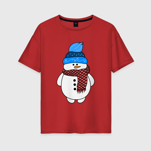 Женская футболка хлопок Oversize с принтом Снеговик в шапочке, вид спереди #2