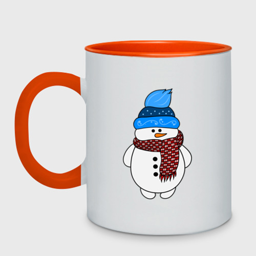 Кружка двухцветная с принтом Снеговик в шапочке, вид спереди #2