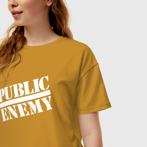 Женская футболка хлопок Oversize Public Enemy logo, цвет горчичный - фото 3