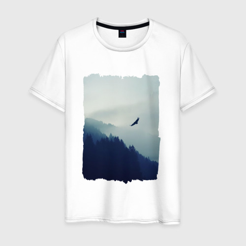 Мужская футболка из хлопка с принтом Орёл над лесом eagle, вид спереди №1