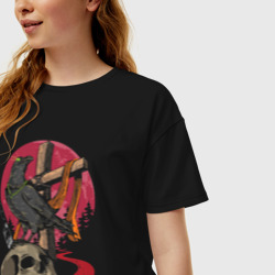 Женская футболка хлопок Oversize Raven on the skull - фото 2