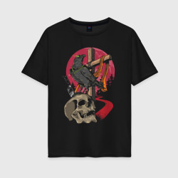 Женская футболка хлопок Oversize Raven on the skull