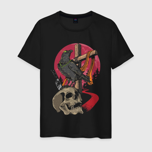 Мужская футболка из хлопка с принтом Raven on the skull, вид спереди №1