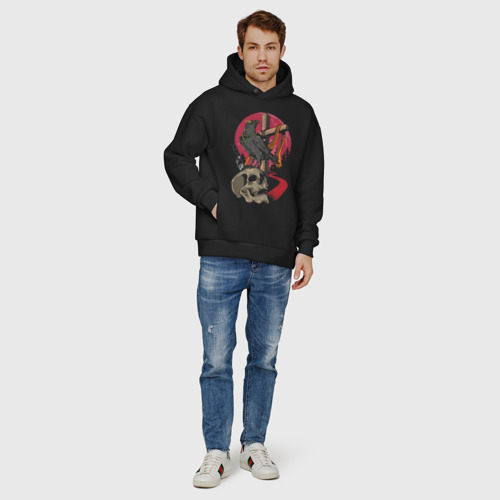 Мужское худи Oversize хлопок Raven on the skull, цвет черный - фото 6