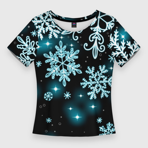 Женская приталенная футболка с принтом Космические снежинки, вид спереди №1