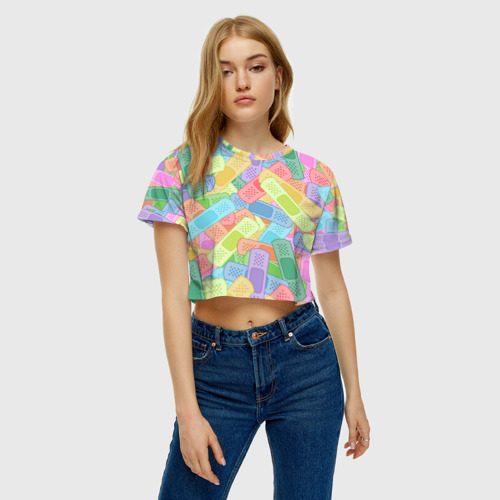 Женская футболка Crop-top 3D Цветные пластыри, цвет 3D печать - фото 4