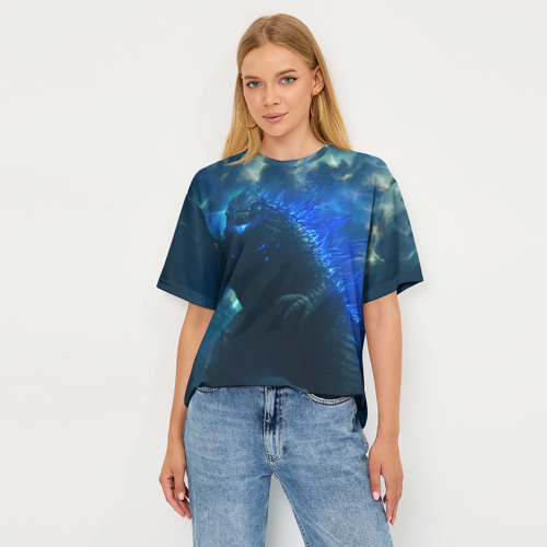 Женская футболка oversize 3D Годзилла в море, цвет 3D печать - фото 5