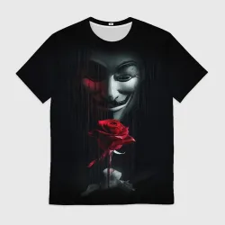 Мужская футболка 3D Анонимус и роза - rose Гай Фокс с цветами