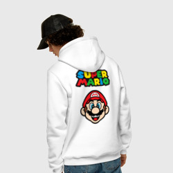 Толстовка с принтом Mario — face для мужчины, вид на модели сзади №2. Цвет основы: белый