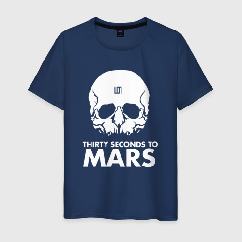 Мужская футболка хлопок 30 Seconds to Mars белый череп, цвет темно-синий