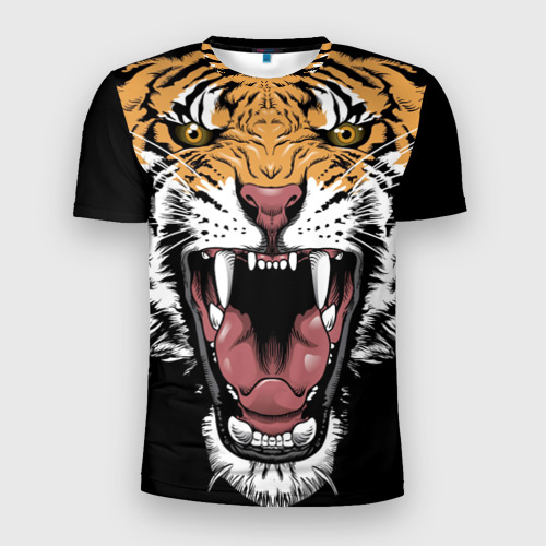 Мужская приталенная футболка с принтом Оскал амурского тигра, вид спереди №1