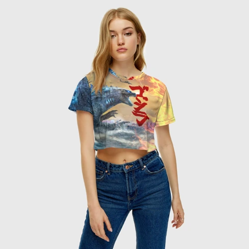 Женская футболка Crop-top 3D Годзилла атакует!