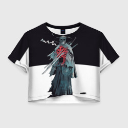 Женская футболка Crop-top 3D Скелет Самурай с трубкой на черно белом фоне