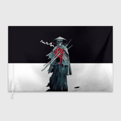 Флаг 3D Скелет Самурай с трубкой на черно белом фоне