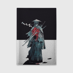 Обложка для автодокументов Скелет Самурай с трубкой на черно белом фоне