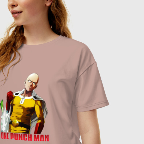 Женская футболка хлопок Oversize с принтом Пакет с продуктами Сайтама One-Punch Man, фото на моделе #1