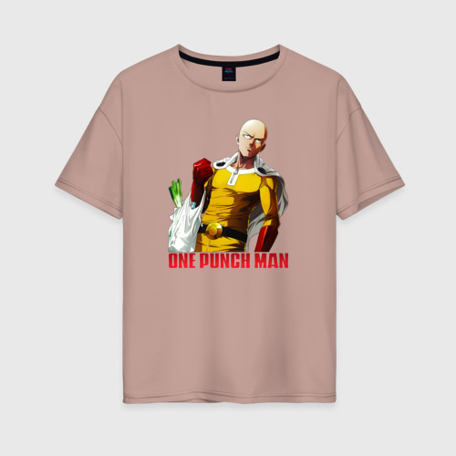 Женская футболка хлопок Oversize с принтом Пакет с продуктами Сайтама One-Punch Man, вид спереди #2