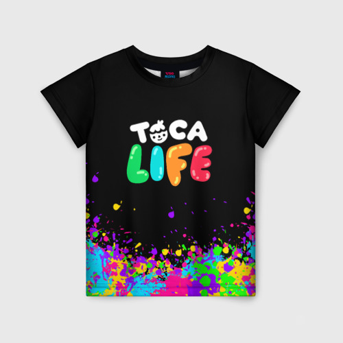 Детская футболка с принтом Toca Boca life брызги красок, вид спереди №1
