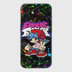 Чехол для iPhone 16 силиконовый с защитой камеры Friday night Funkin брызги красок, герой