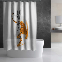Штора с принтом Китайский тигр с иероглифами для любого человека, вид спереди №2. Цвет основы: белый