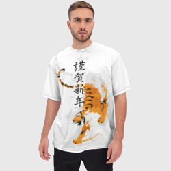 Мужская футболка oversize 3D Китайский тигр с иероглифами - фото 2