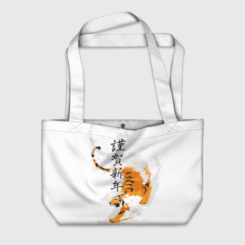 Пляжная сумка с принтом Китайский тигр с иероглифами, вид спереди №1
