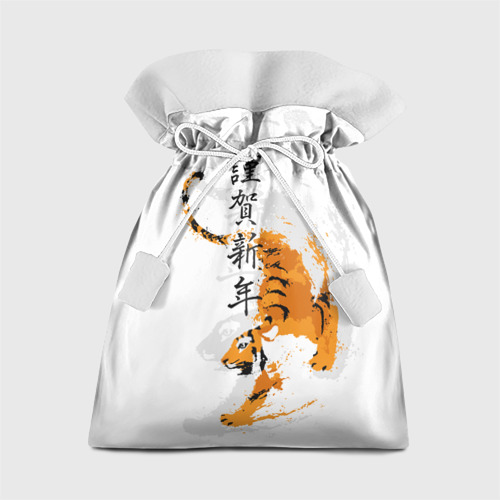 Подарочный мешок с принтом Китайский тигр с иероглифами, вид спереди №1