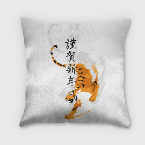 Подушка с принтом Китайский тигр с иероглифами, вид спереди №1