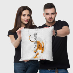 Подушка с принтом Китайский тигр с иероглифами для любого человека, вид спереди №2. Цвет основы: 3d (велсофт)