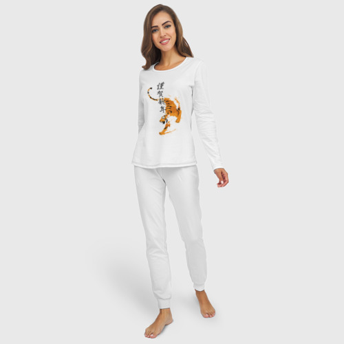 Женская пижама с лонгсливом хлопок Китайский тигр - иероглифы, цвет белый - фото 3