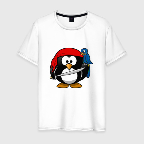 Мужская футболка из хлопка с принтом Пингвин пират, вид спереди №1