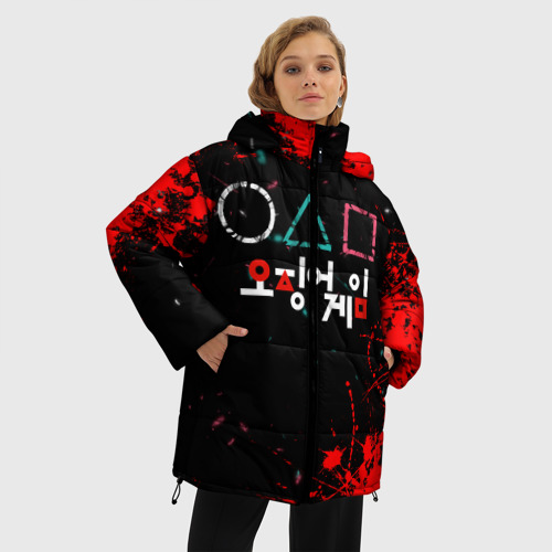 Женская зимняя куртка Oversize Игра в кальмара брызги крови, цвет черный - фото 3