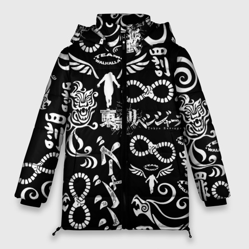 Женская зимняя куртка оверсайз с принтом Токийские мстители логобомбинг Tokyo Revengers logobombing, вид спереди №1