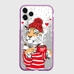 Чехол для iPhone 11 Pro матовый Тигр с чашкой кофе