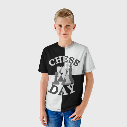 Детская футболка 3D с принтом Шахматный День, фото на моделе #1
