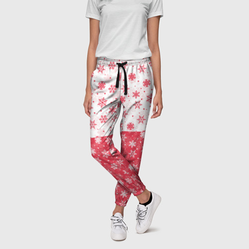 Женские брюки 3D Снежинки (красно-белые), цвет 3D печать - фото 3