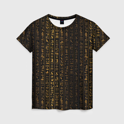 Женская футболка с принтом Египетские иероглифы золотом, вид спереди №1