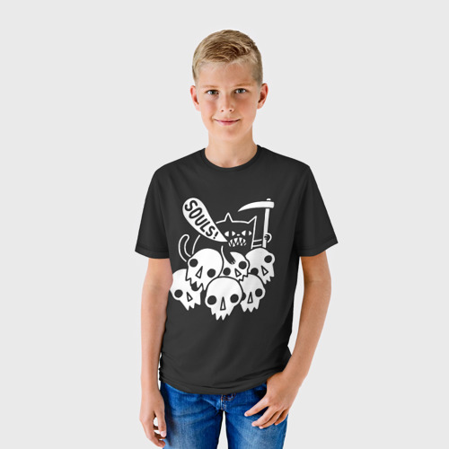 Детская футболка 3D с принтом Кот - Жнец, фото на моделе #1
