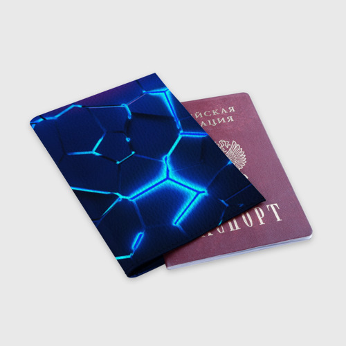 Обложка для паспорта матовая кожа 3D плиты neon steel неоновые плиты, цвет синий - фото 3