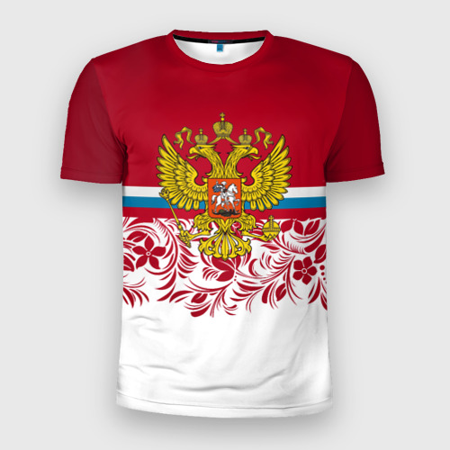 Мужская приталенная футболка с принтом Российский герб арт, вид спереди №1